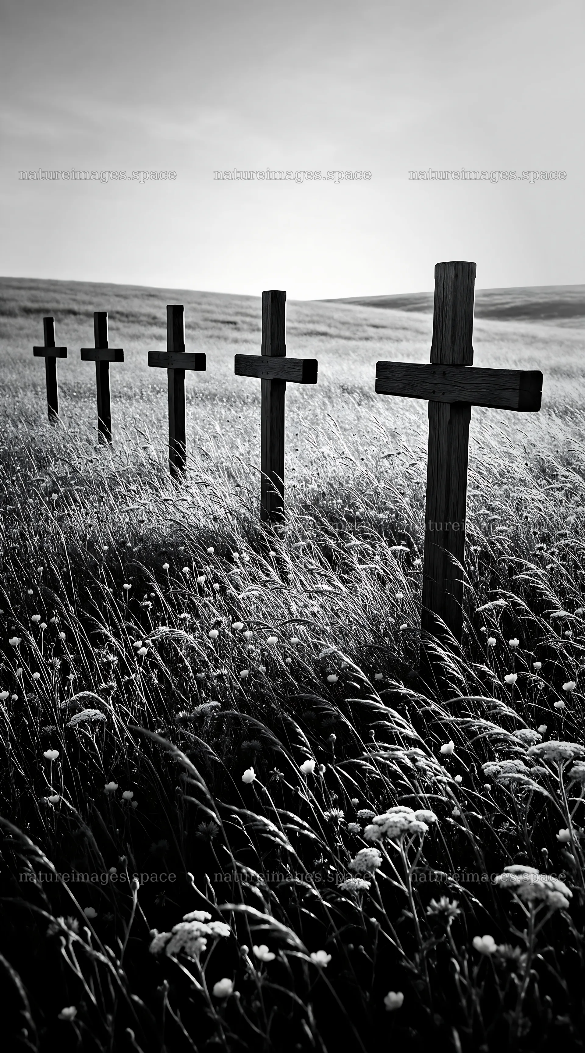 Christian crosses on rolling meadow during sunrise – nature images 5916x10648