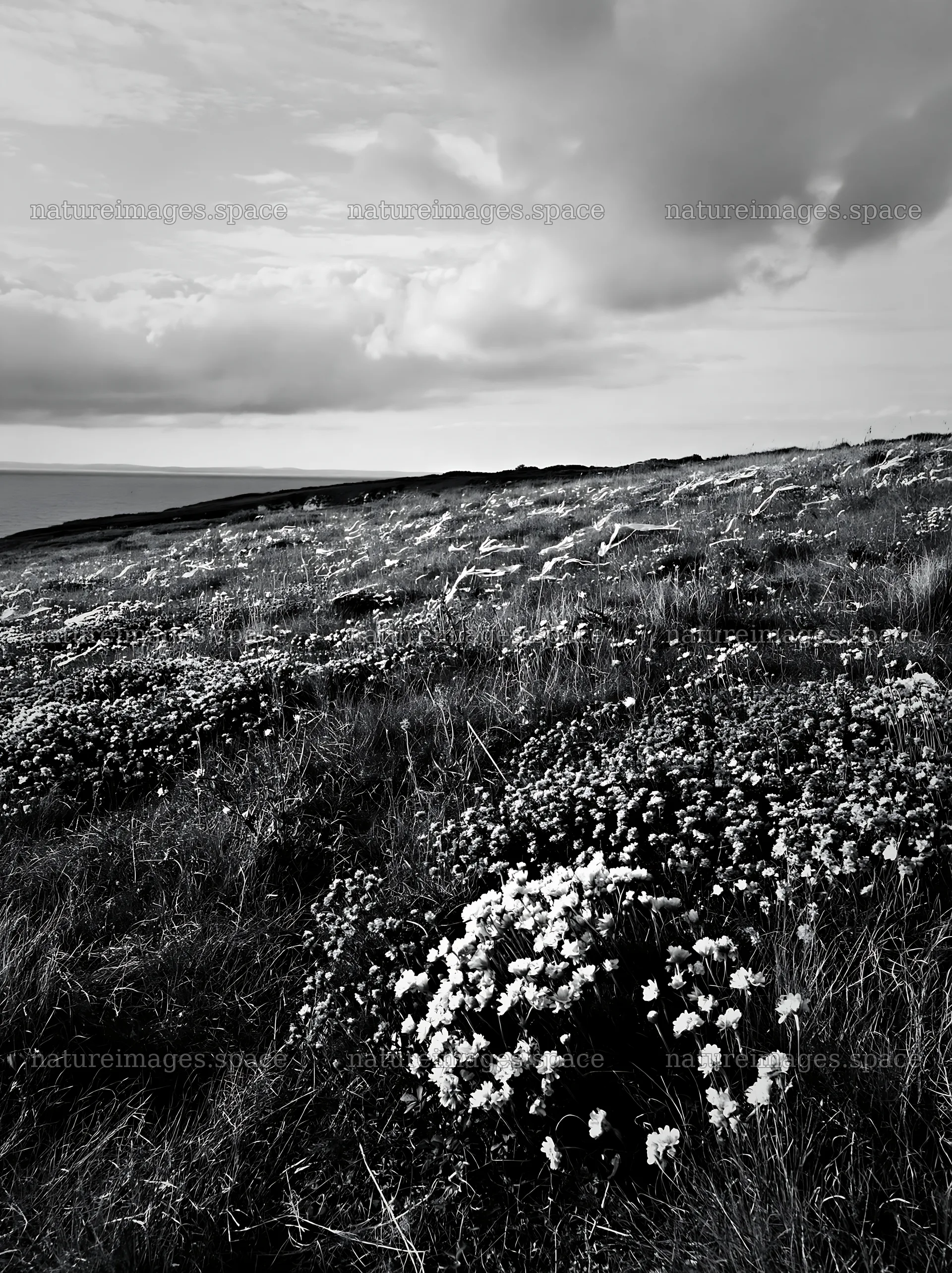 Cloudy dry flower meadow near the ocean – nature images 6866x9174