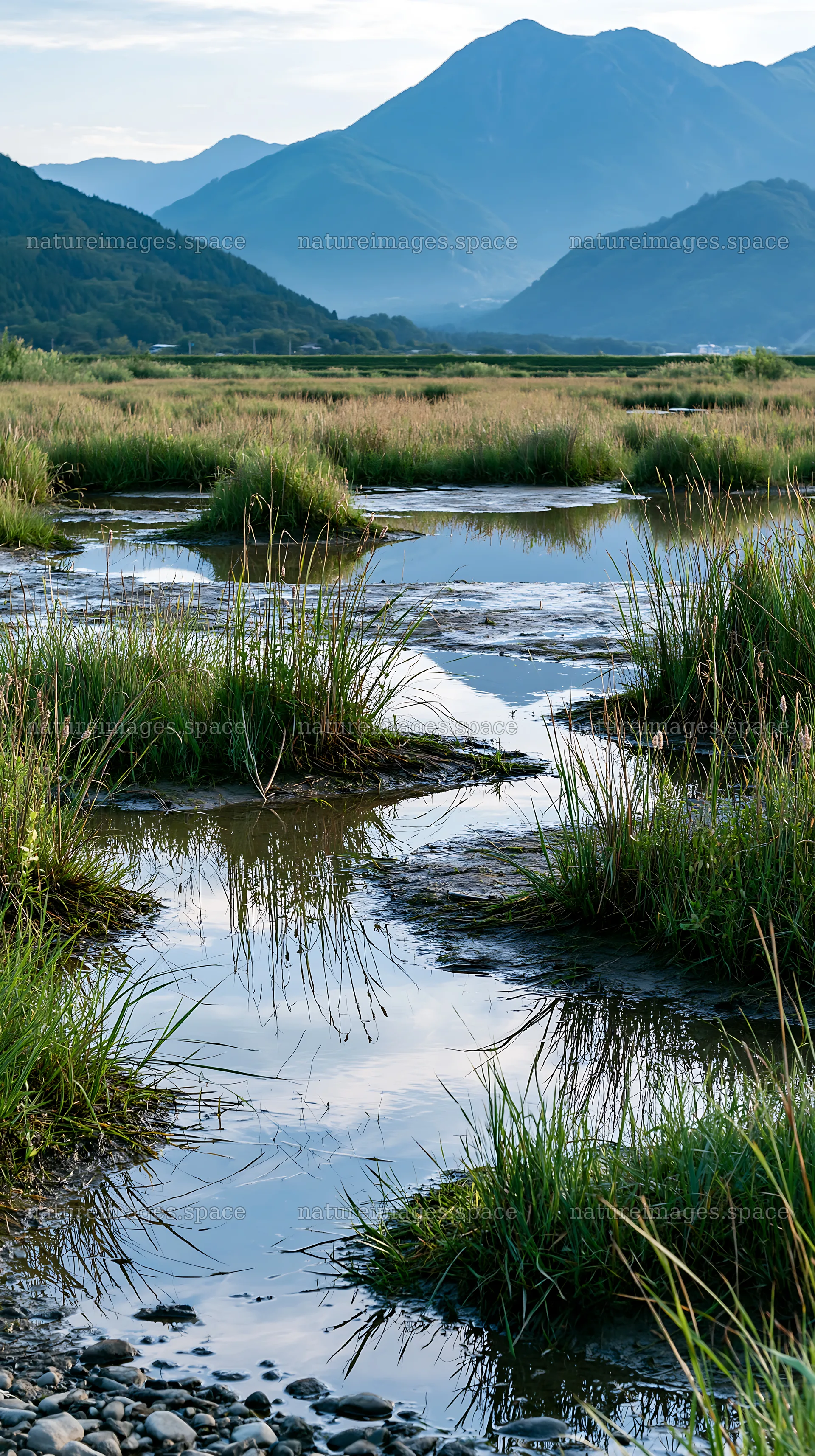 Shiga wetland meadow with reeds and mountain backdrop – nature images 5938x10608