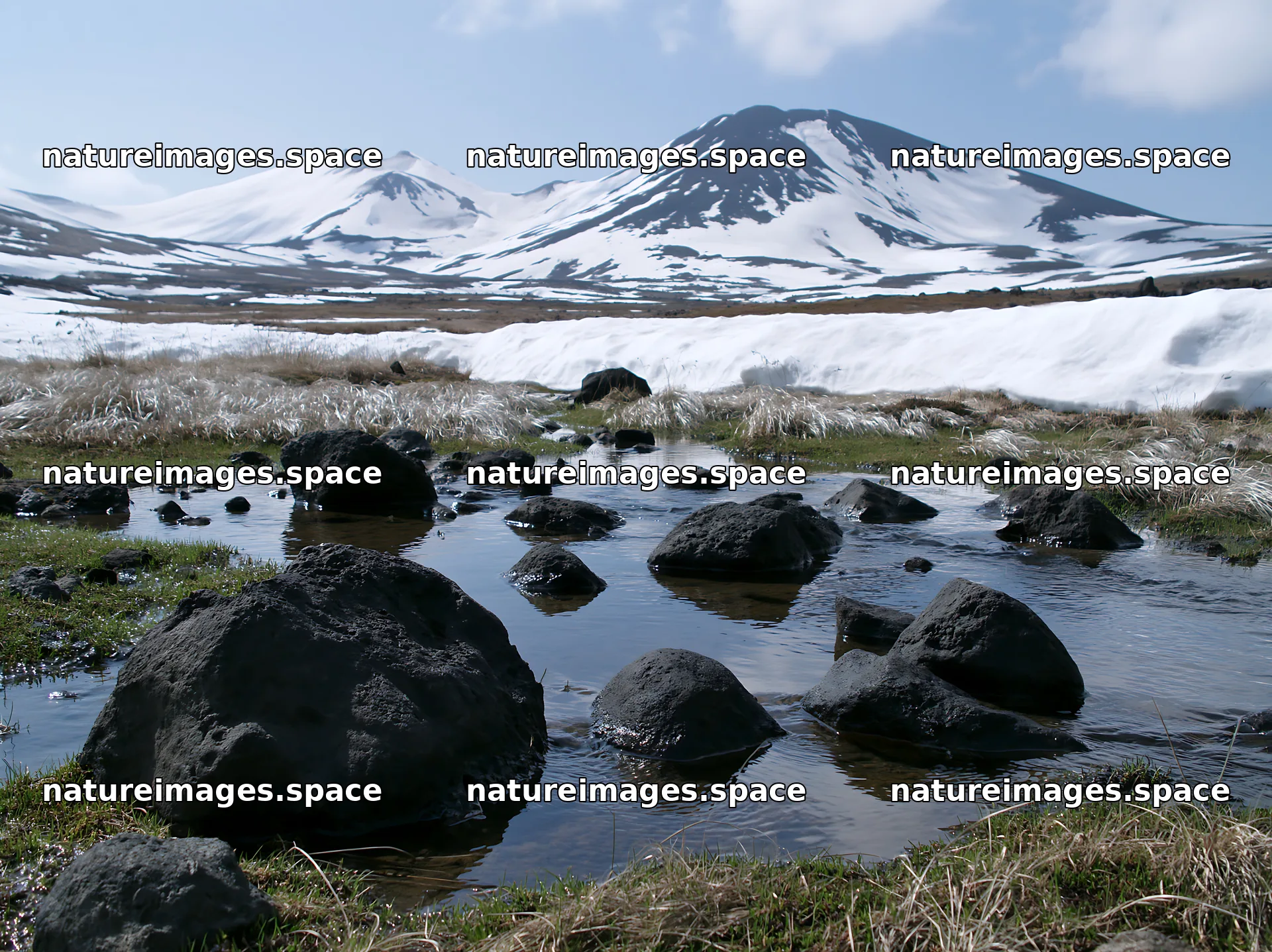 Akita snowmelt meadow with silver grasses and rocky water – nature images 9174x6866