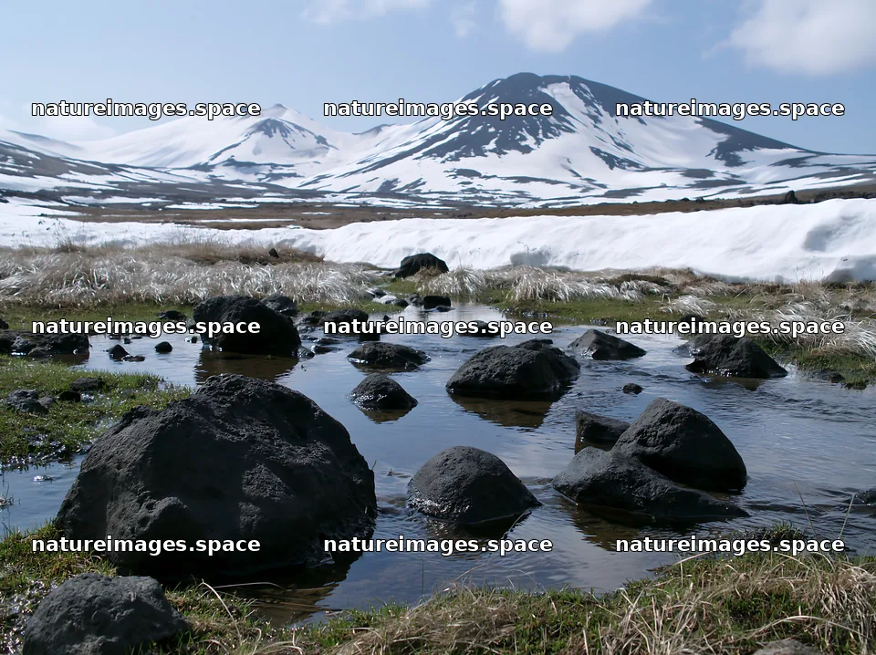 Akita snowmelt meadow with silver grasses and rocky water – nature images 9174x6866