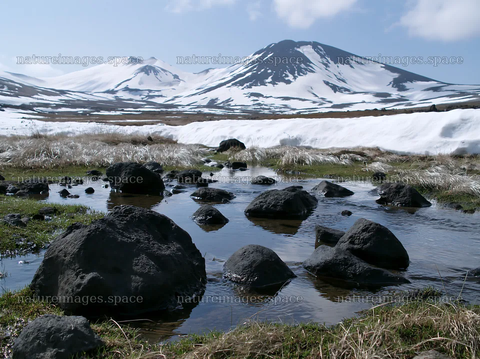 Akita snowmelt meadow with silver grasses and rocky water – nature images 9174x6866