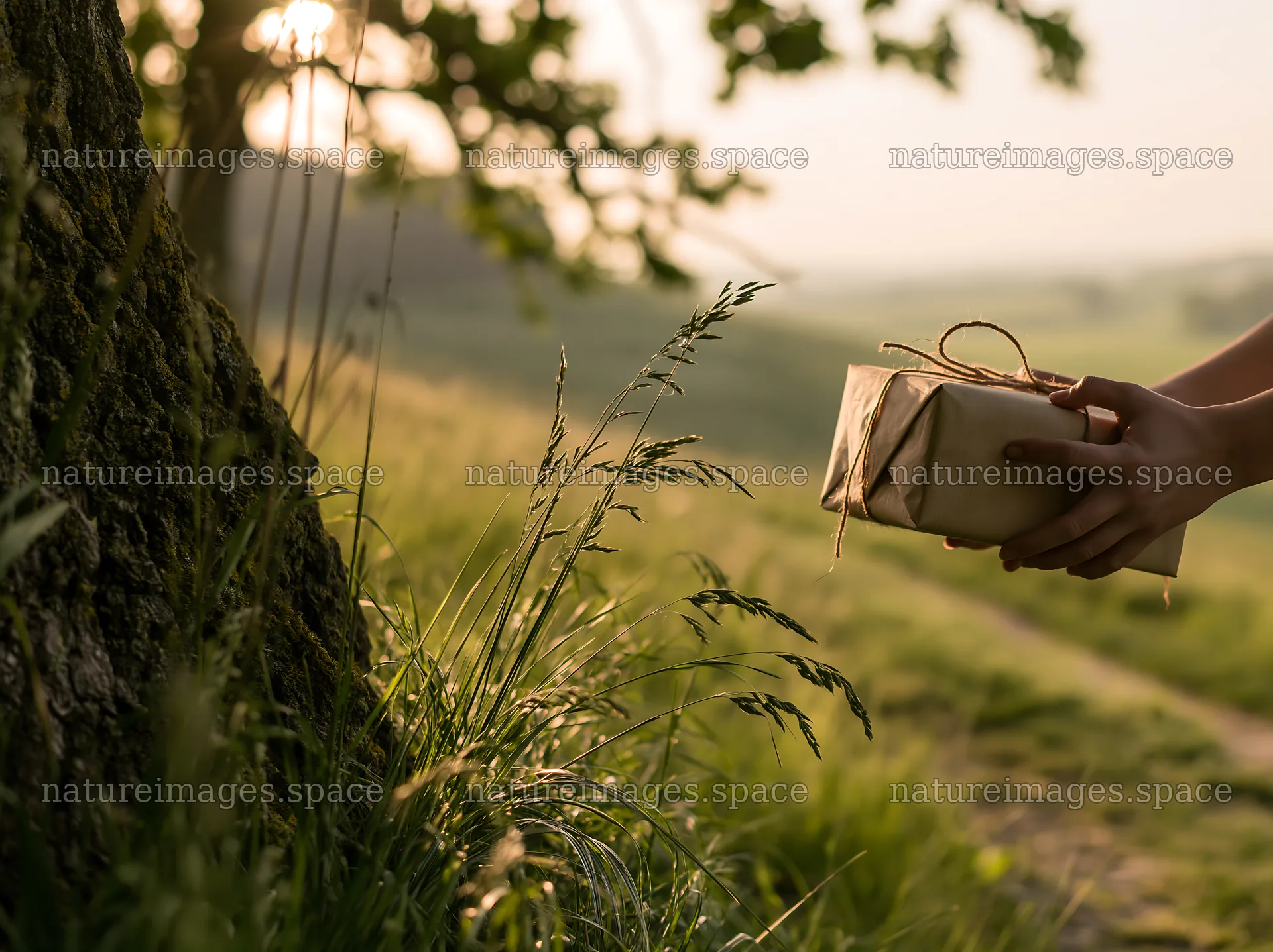Gift placed by a tree in a field during sunset – nature images 9174x6866