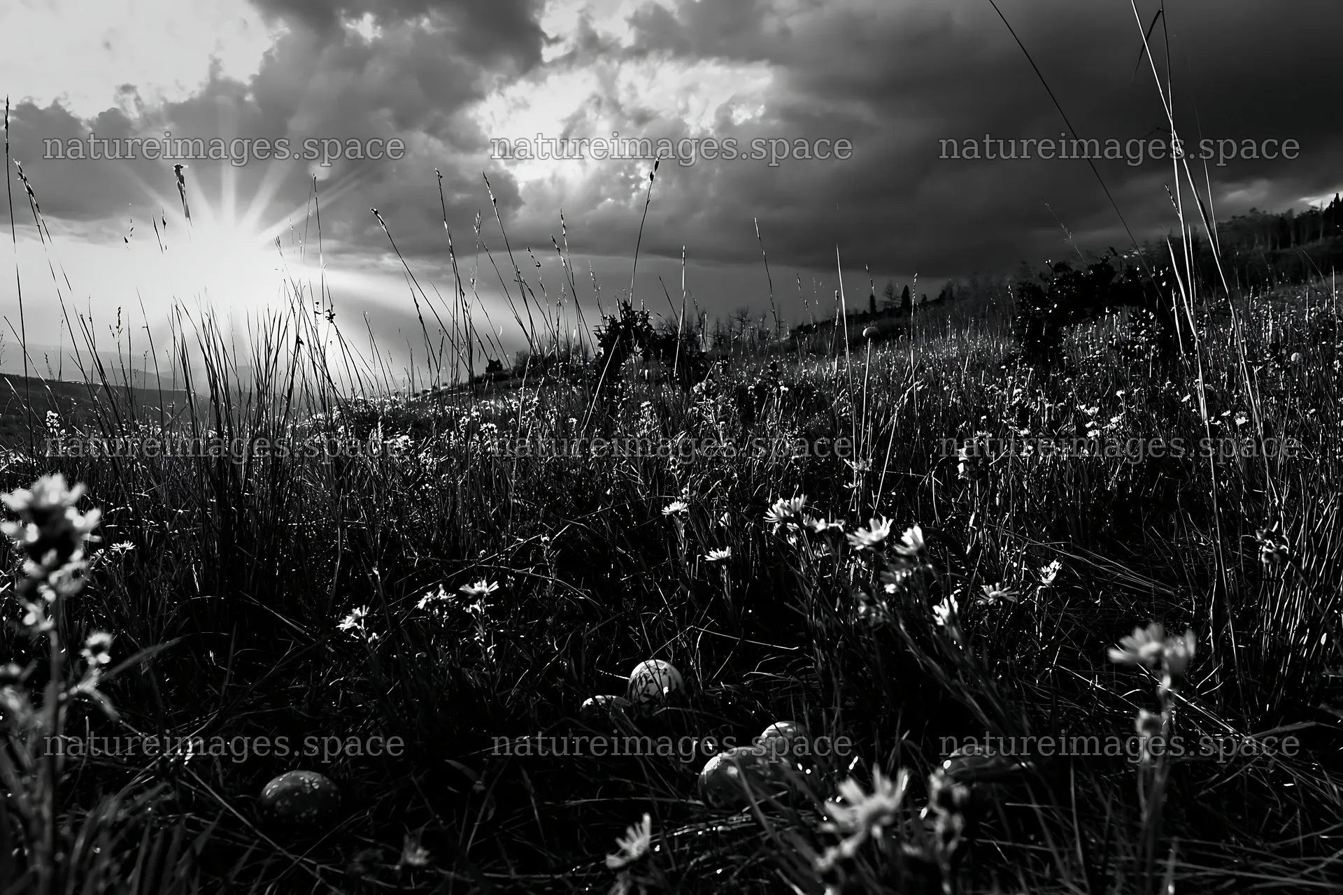 Christmas wreaths in meadow under dramatic clouds and rays – nature images 9722x6480