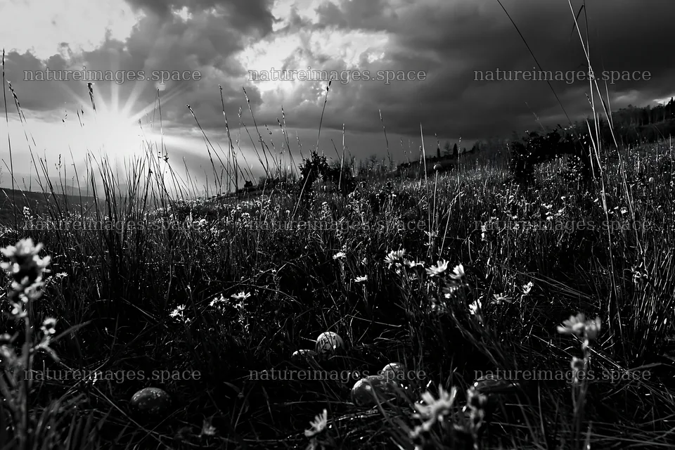 Christmas wreaths in meadow under dramatic clouds and rays – nature images 9722x6480