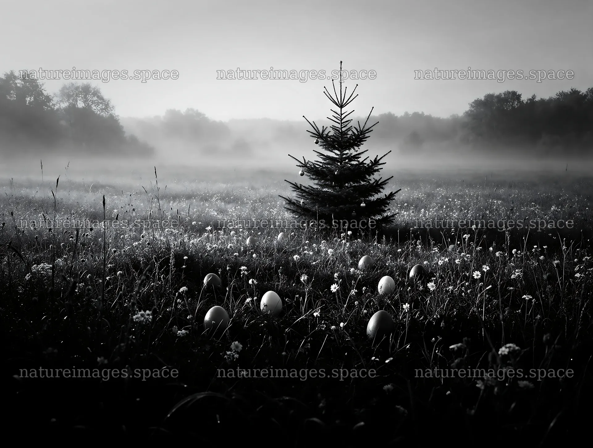 Vibrant Christmas tree in misty meadow at dawn – nature images 9134x6898