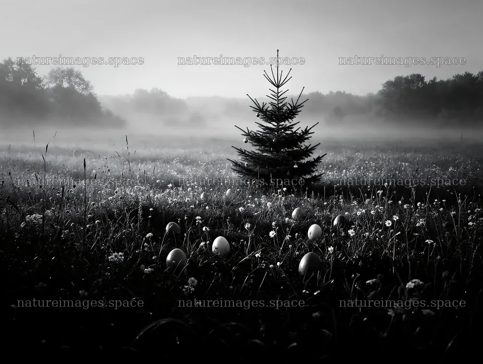 Vibrant Christmas tree in misty meadow at dawn – nature images 9134x6898