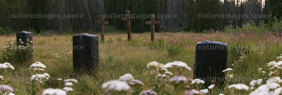 Christian crosses by mineral spring meadow with stones – nature images 13690x4602