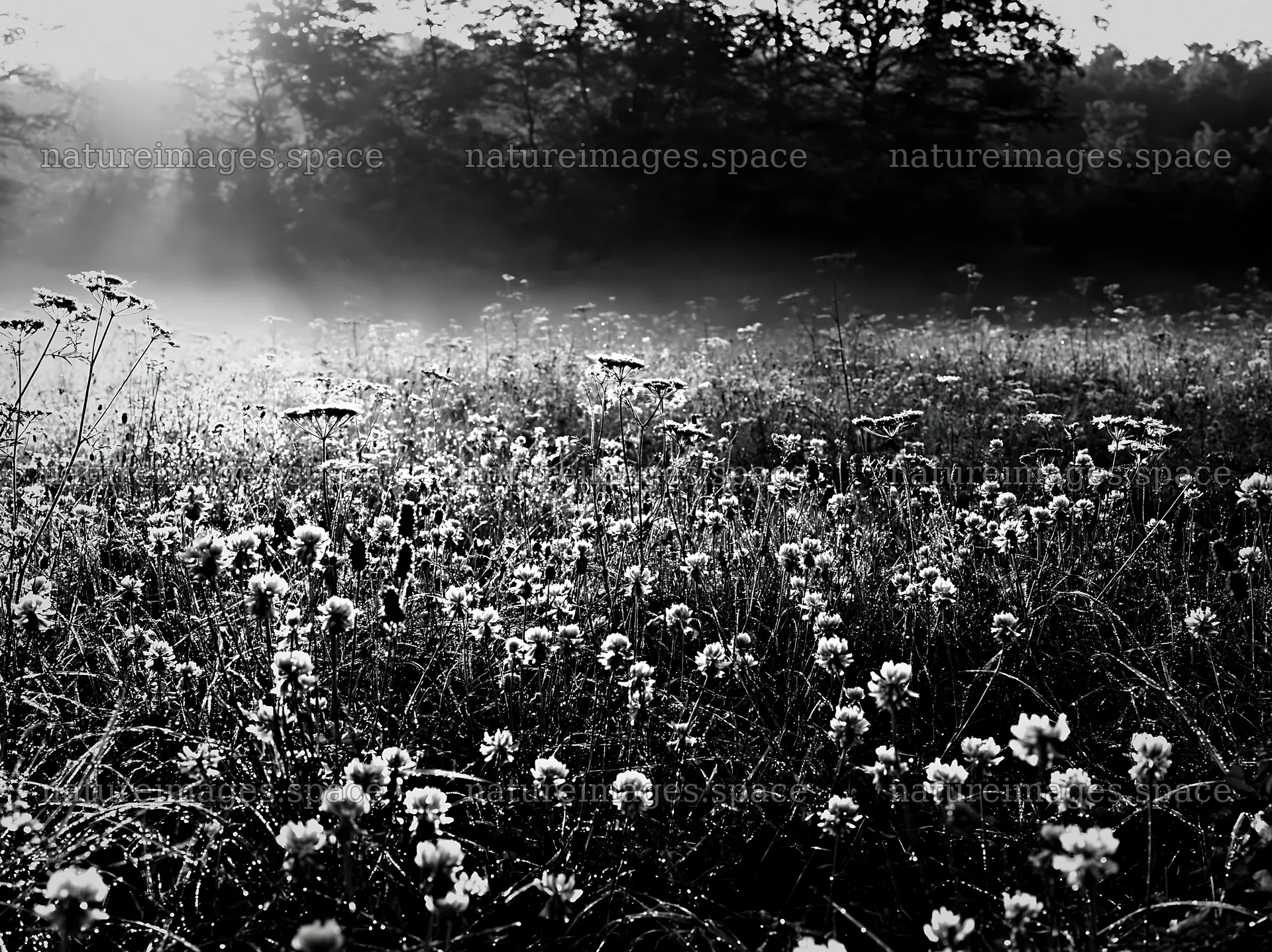 Meadow filled with flowers in black and white – nature images 9174x6866