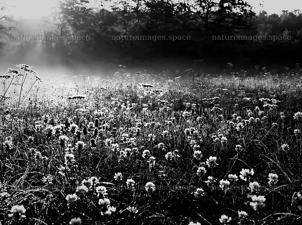 Meadow filled with flowers in black and white – nature images 9174x6866