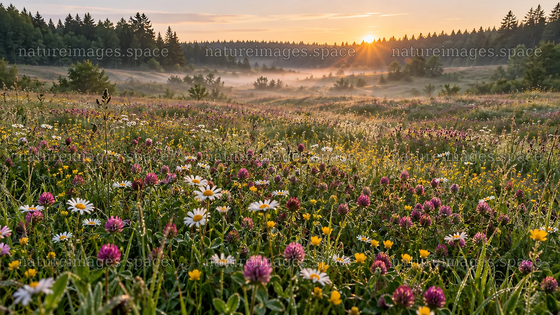 Wildflower Meadow at Sunrise in a Forest Clearing – nature images 10324x5812