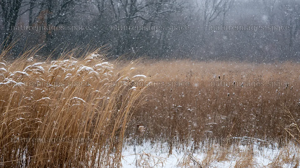 Tall grass meadow during snowfall in winter – nature images 10608x5938
