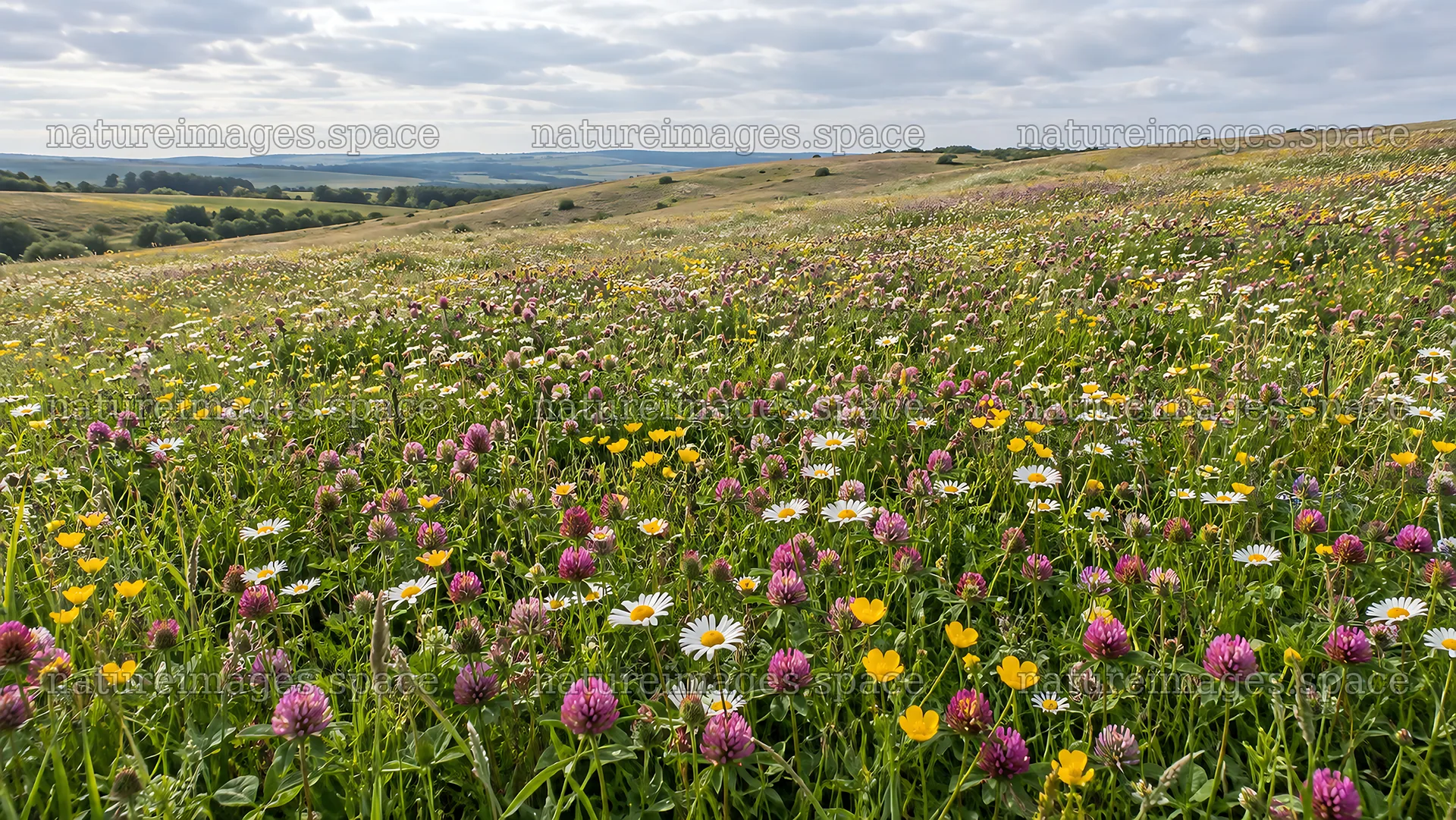 Wildflower meadow across rolling hills – nature images 10324x5812