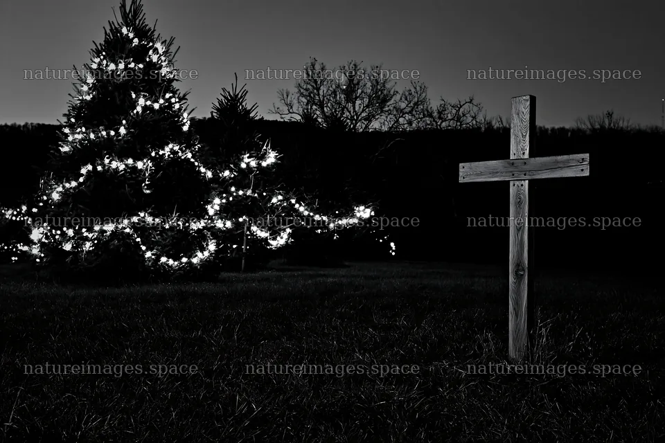 Handcrafted Christian cross in meadow with Christmas tree lights – nature images 9722x6480