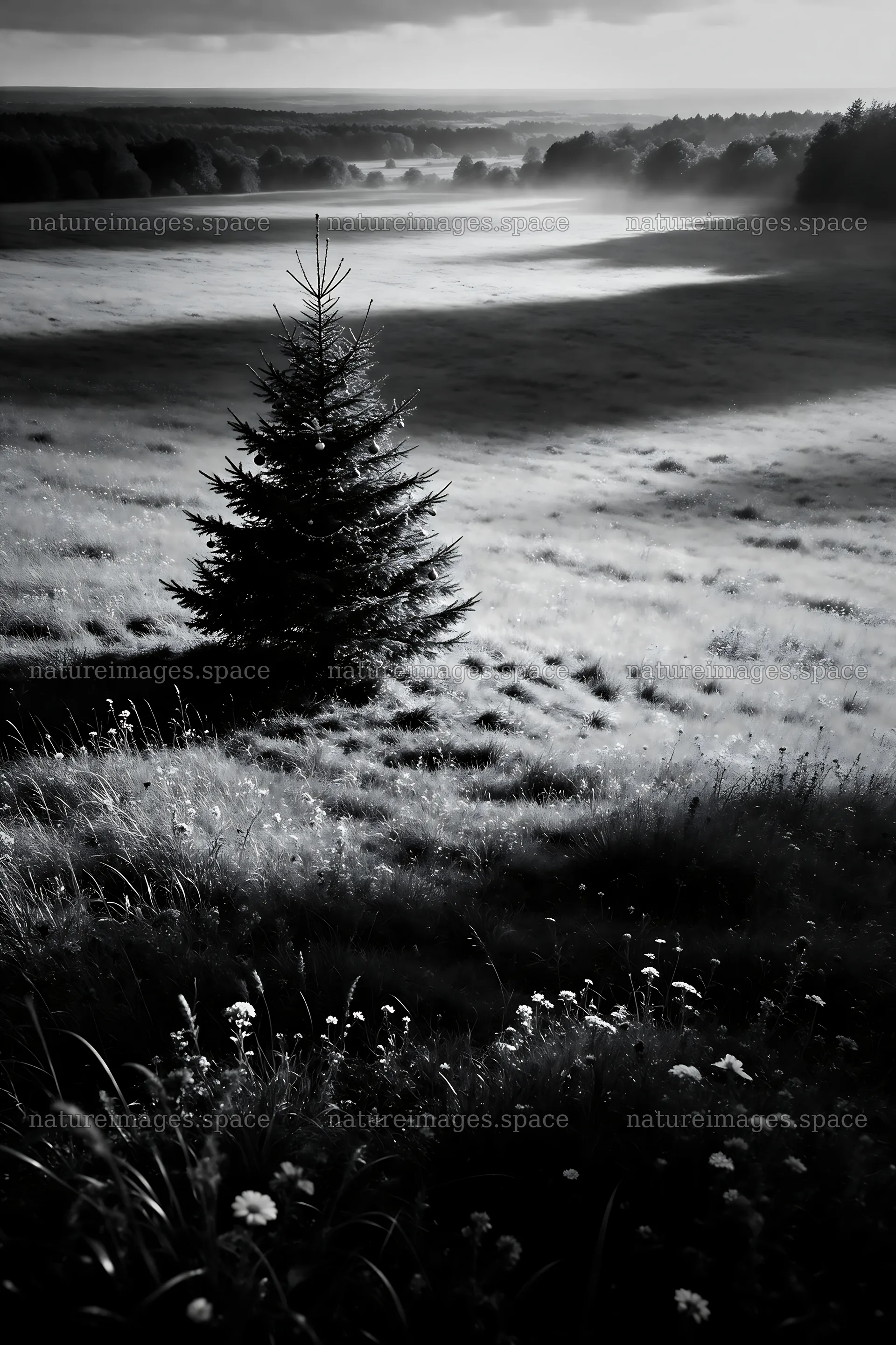 Vibrant Christmas tree in misty meadow during daylight – nature images 6480x9722