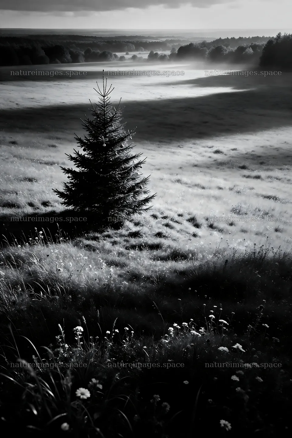 Vibrant Christmas tree in misty meadow during daylight – nature images 6480x9722