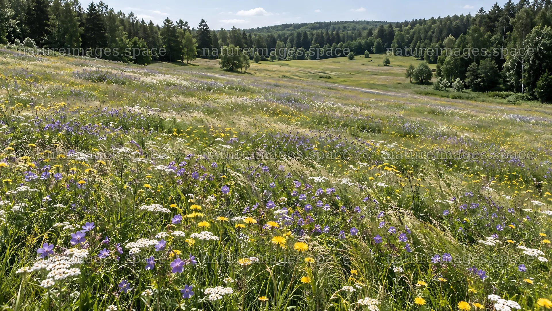 Wildflower Meadow Across a Forest Clearing – nature images 10324x5812