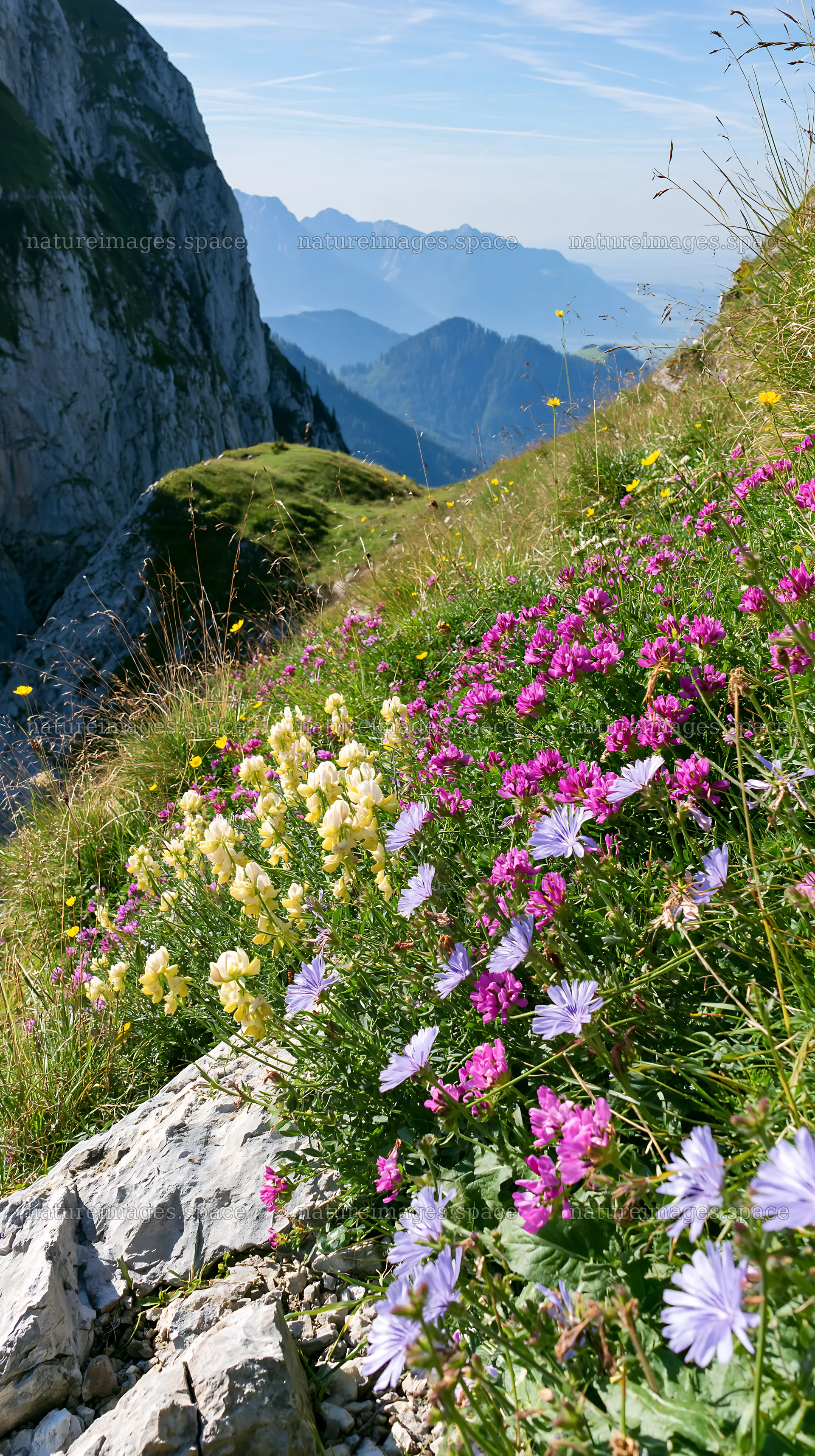 Sainfoin chicory meadow in mountain landscape under blue sky – nature images 5938x10608