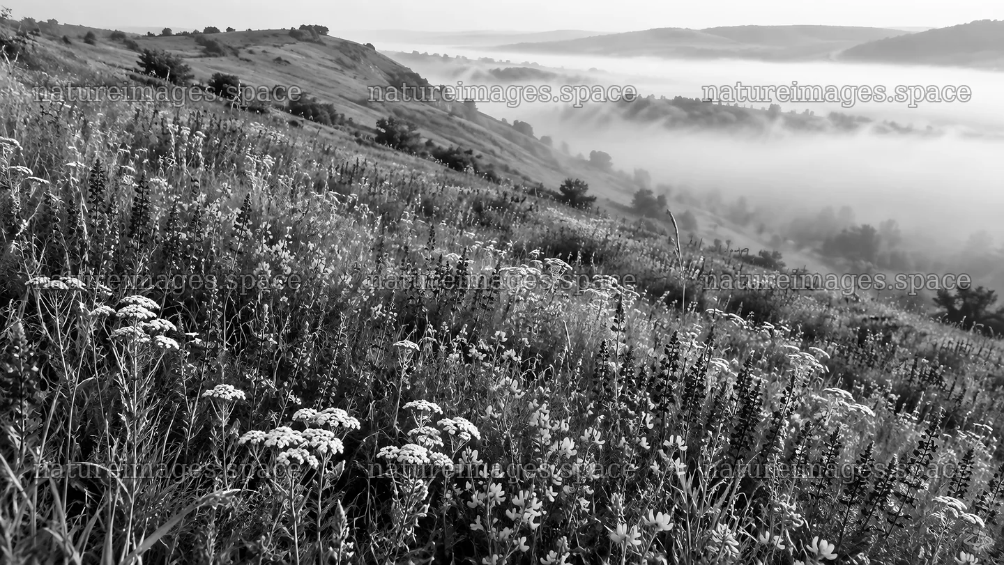 Wildflower Hillside Above Morning Mist – nature images 10324x5812