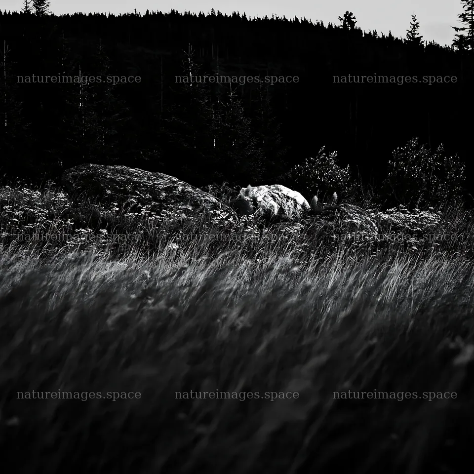 Meadow with boulders and tall grass at dusk – nature images 7938x7938