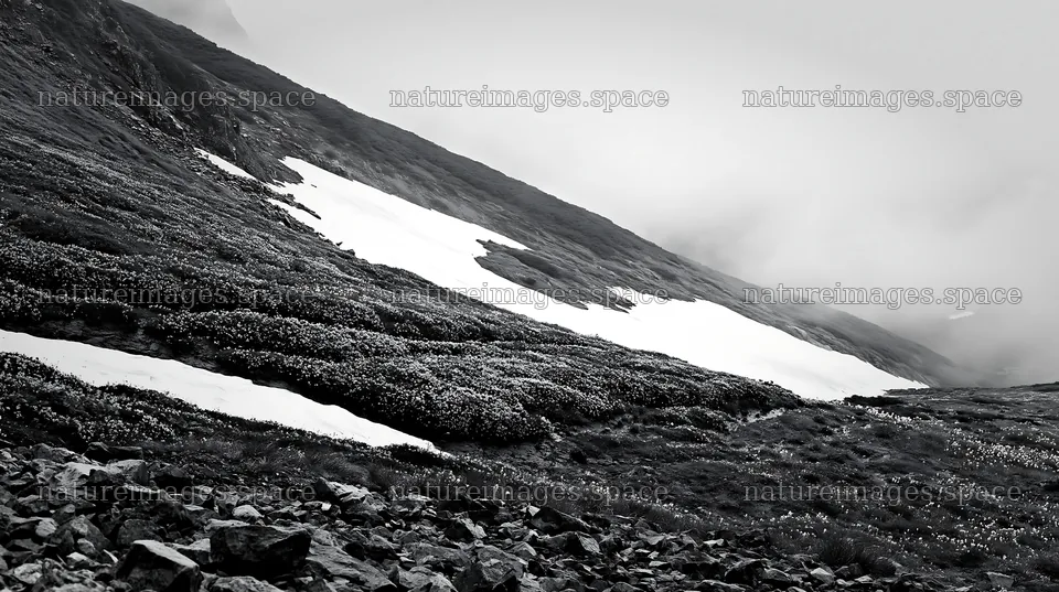 Snowmelt in Toyama alpine meadow with rocky foreground – nature images 10608x5938