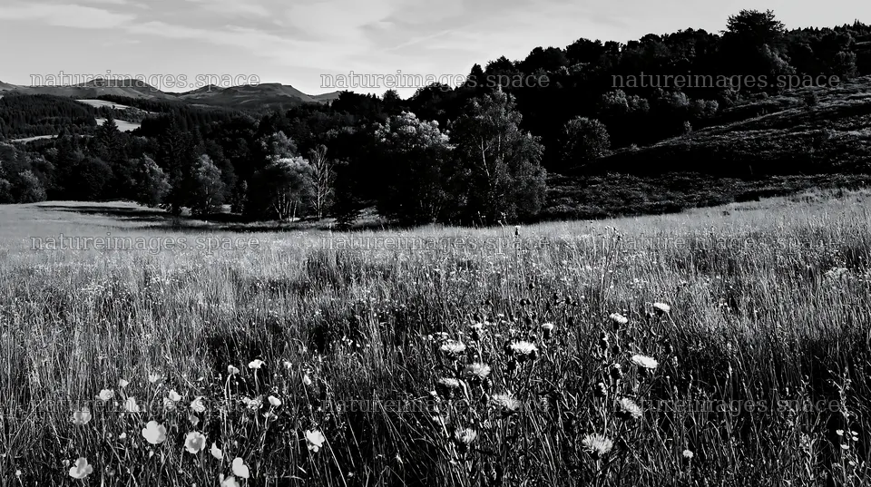 Biodiverse meadow with wildflowers and distant hills – nature images 10608x5938