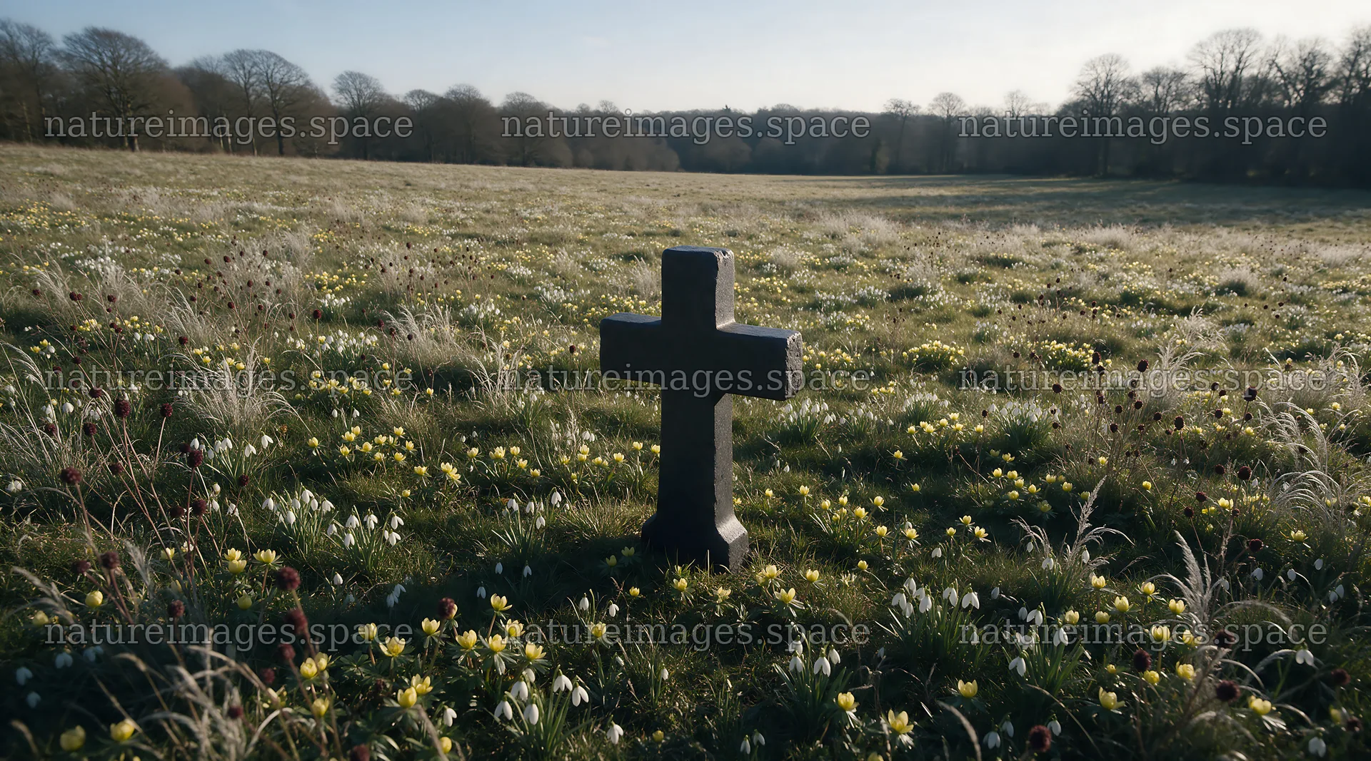 Christian cross in winter meadow with low sunlight – nature images 10648x5916