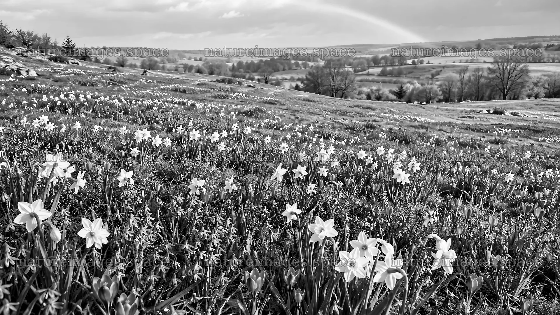Spring Bulbs Across a Rolling Meadow in Monochrome – nature images 10324x5812