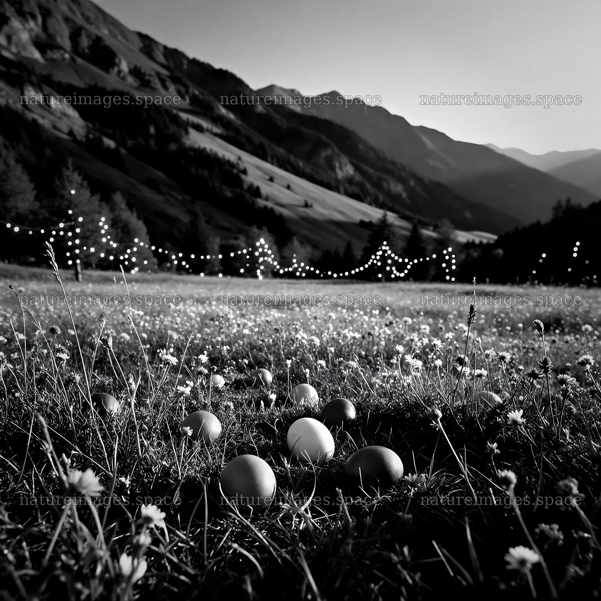 Warm Christmas lights in mountain valley meadow – nature images 7938x7938