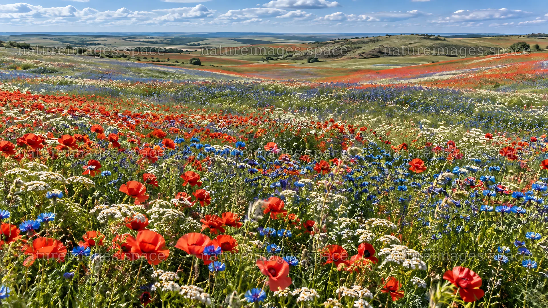 Wildflower Meadow Across Rolling Green Hills – nature images 10324x5812
