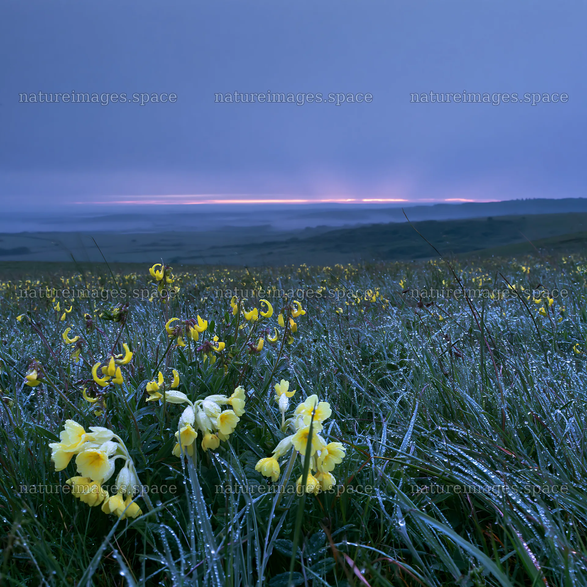 Crepuscular rays meadow with flowers at dawn – nature images 7938x7938
