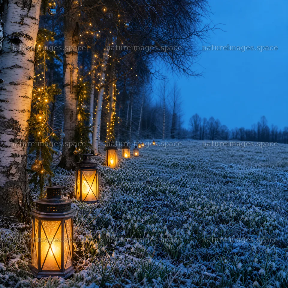 Vibrant Christmas lanterns across winter meadow – nature images 7938x7938