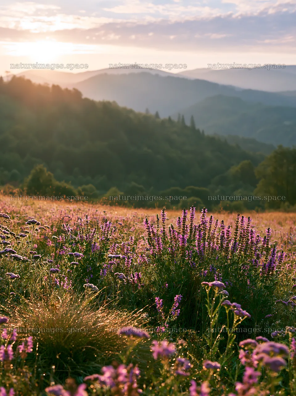 Rolling valley meadows with flowers and mountains at sunrise – nature images 6866x9174