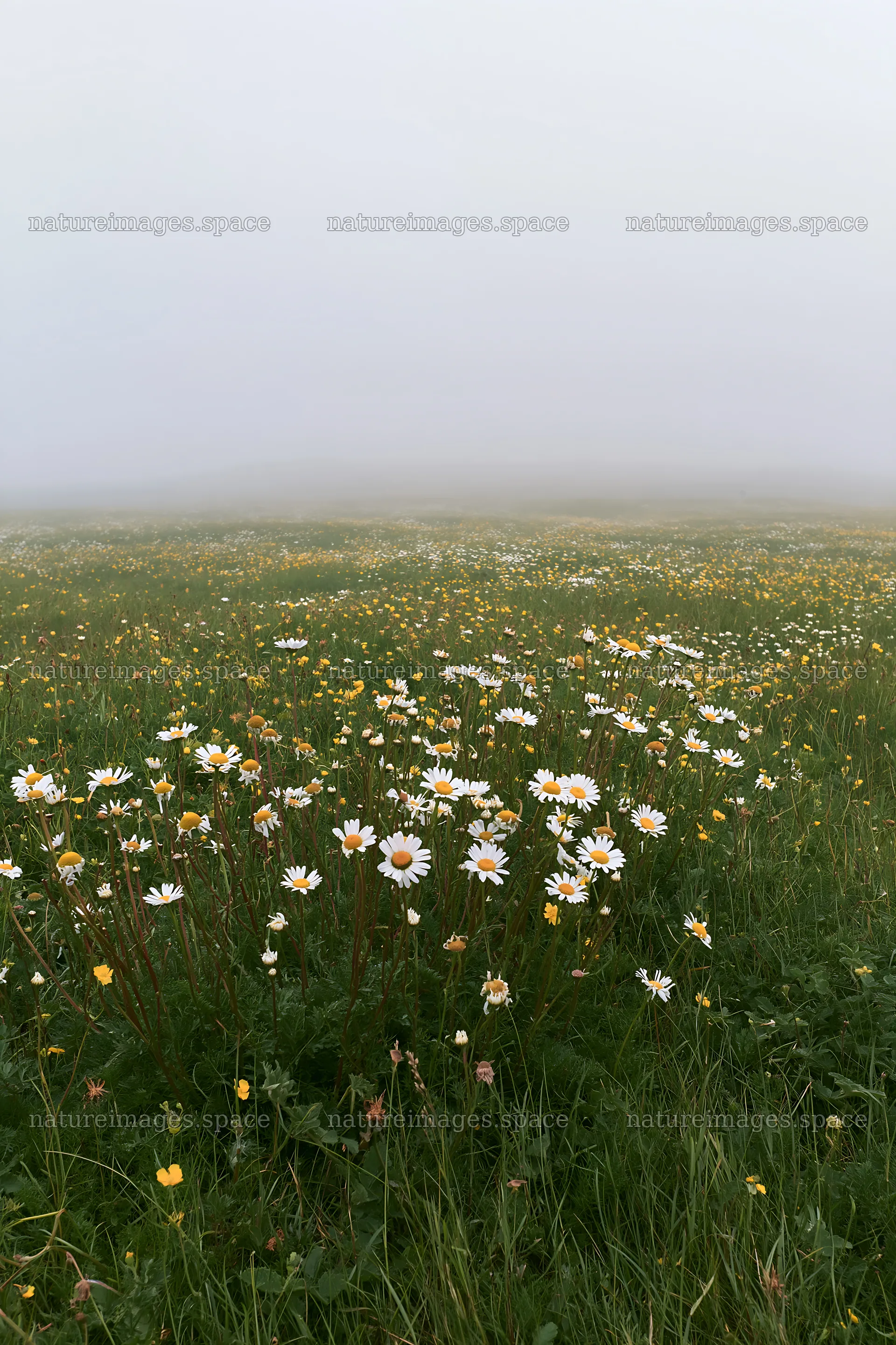 Machair beach meadow filled with flowers on a foggy day – nature images 6480x9722