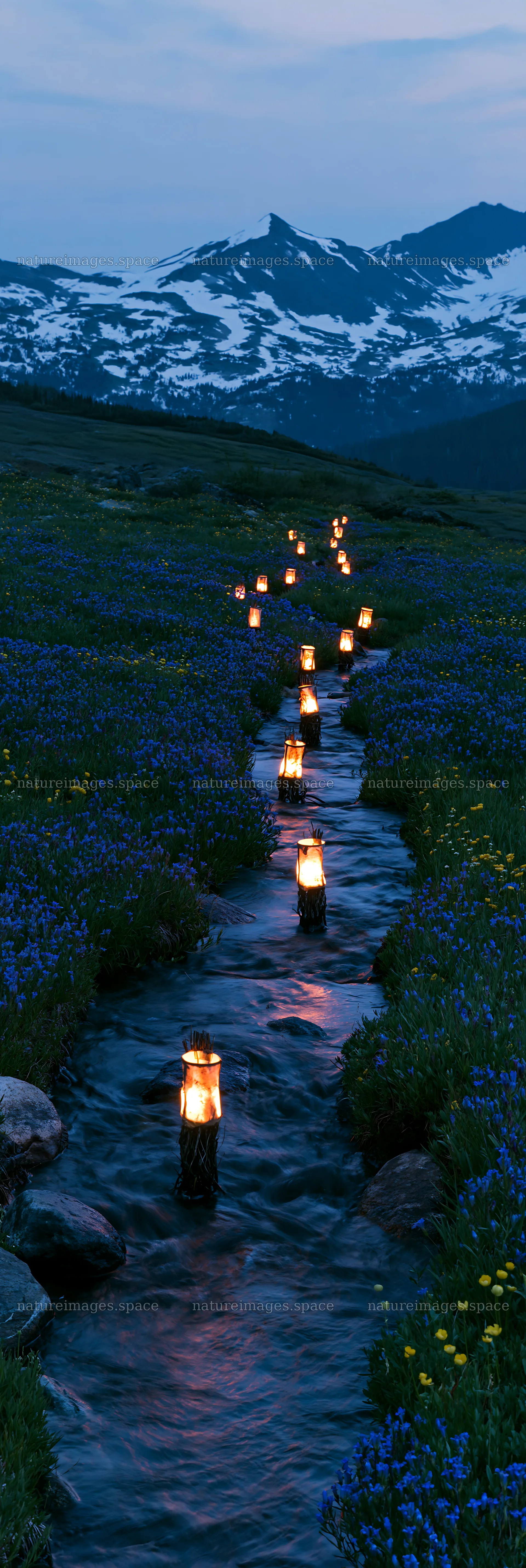 Christmas lights along stream in meadow at dusk – nature images 4602x13690