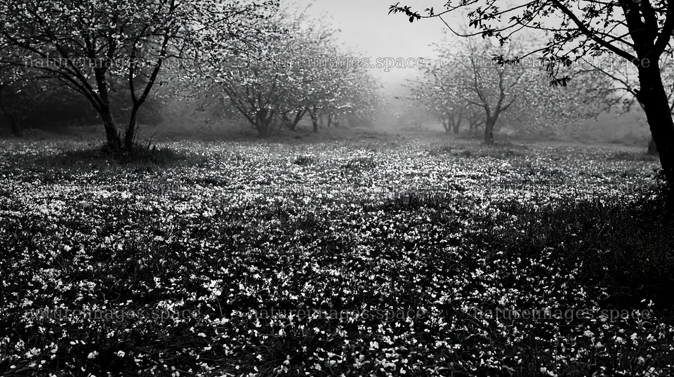 Foggy orchard meadow with blooming flowers in the foreground – nature images 10608x5938