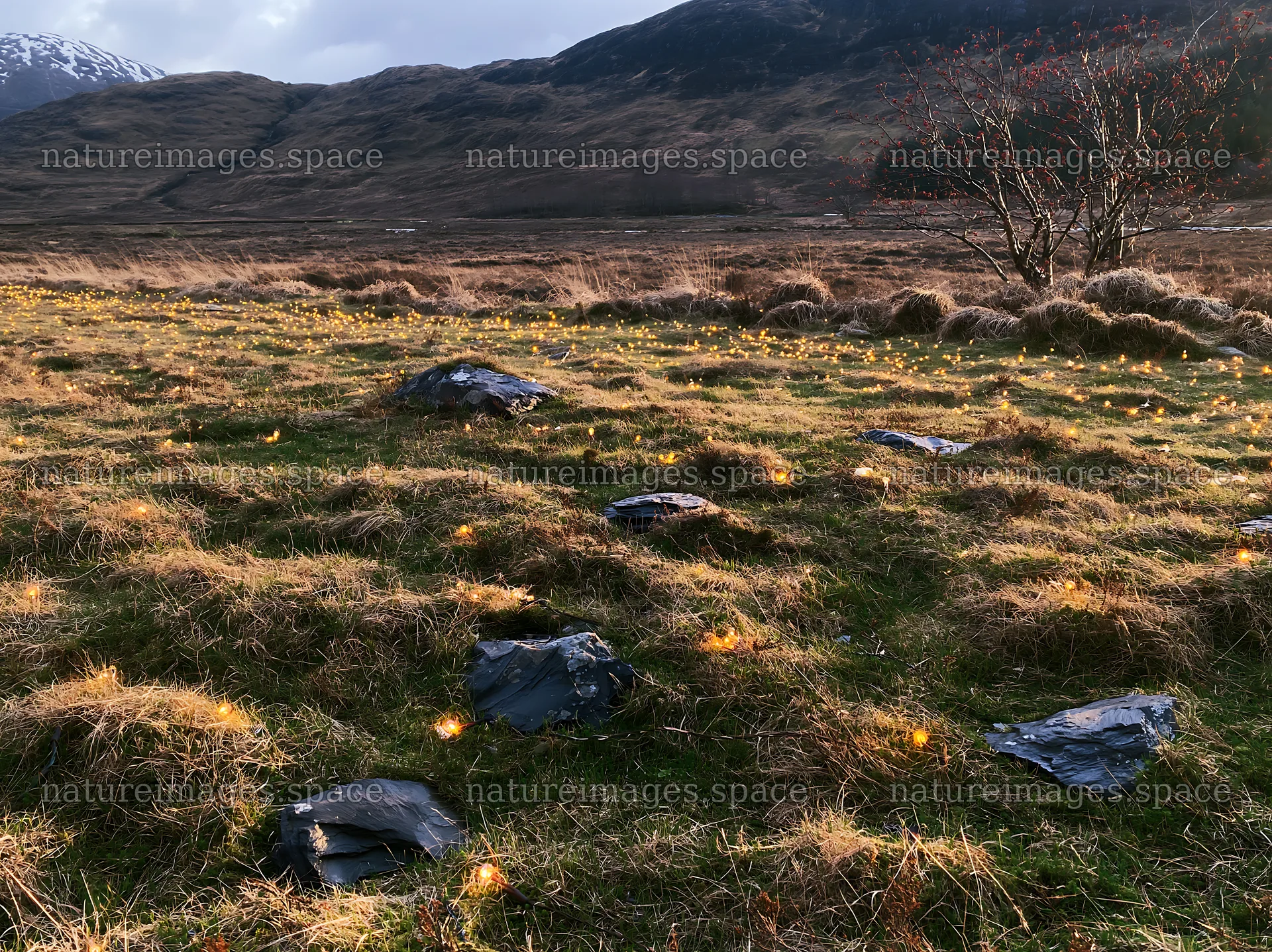 Expansive Christmas meadow with lights and stones in spring – nature images 9174x6866