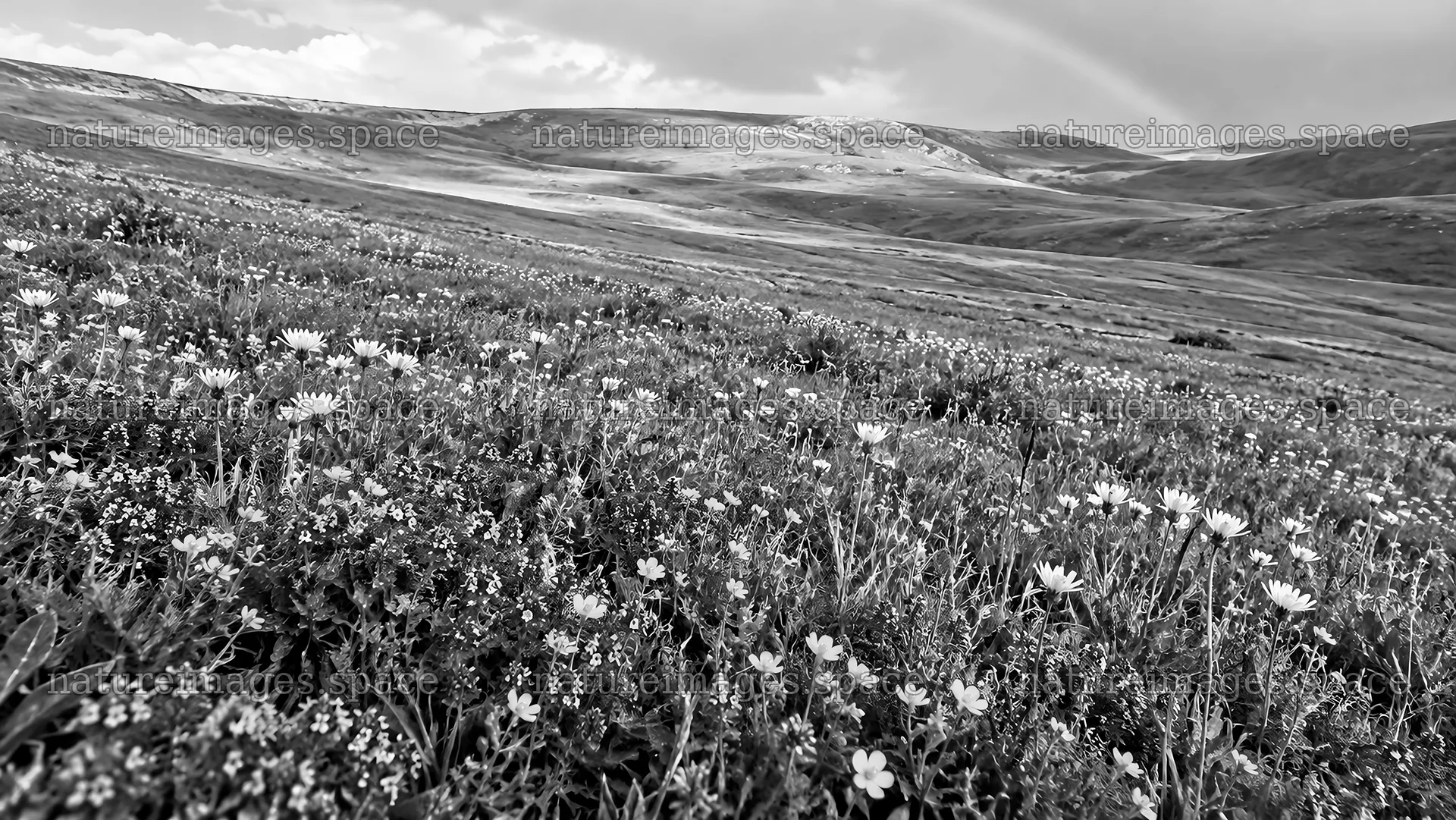 Black-and-White Wildflower Meadow on Rolling Hills – nature images 10324x5812
