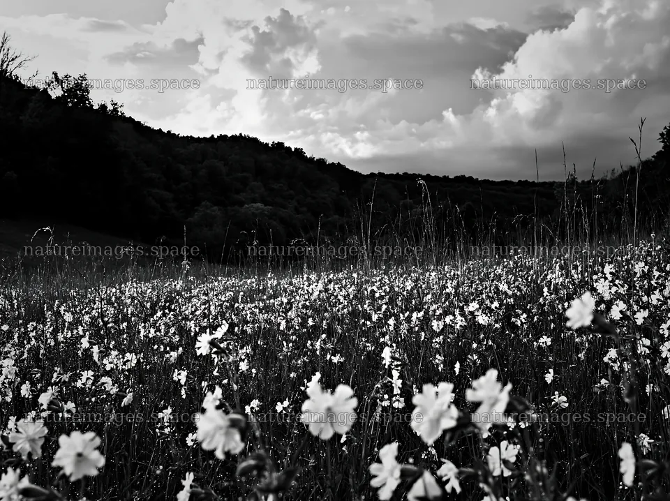 Hungarian meadow along wooded valley with white flowers – nature images 9174x6866