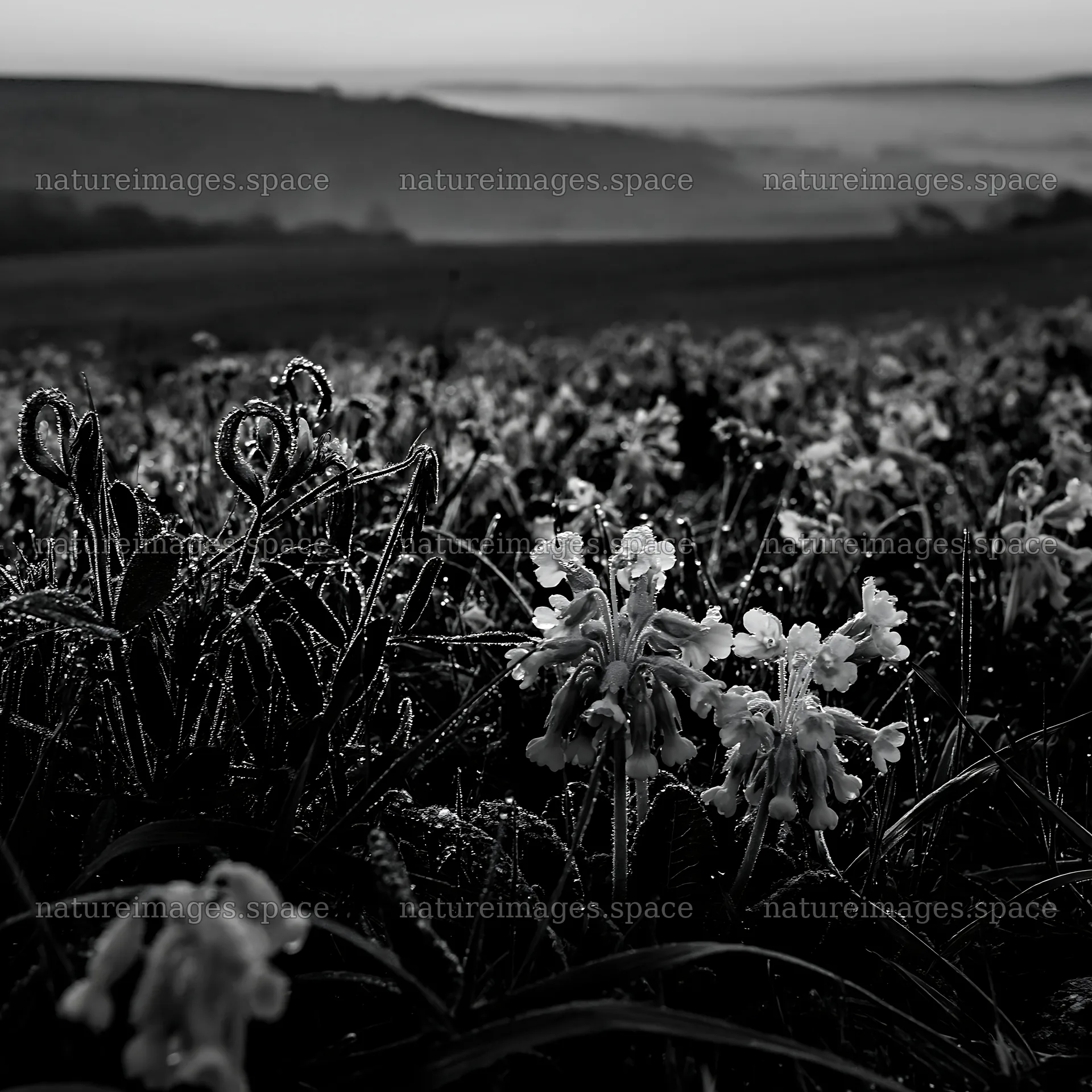 Meadow with crepuscular rays and flowers at dawn – nature images 7938x7938