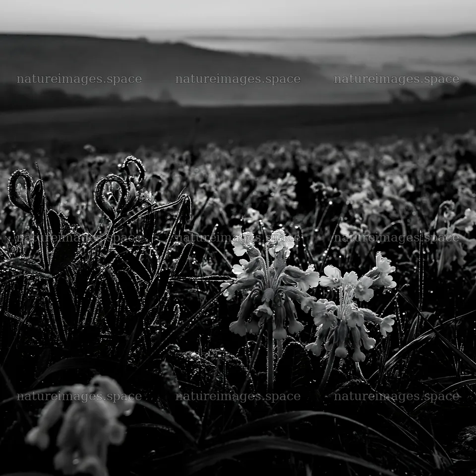 Meadow with crepuscular rays and flowers at dawn – nature images 7938x7938