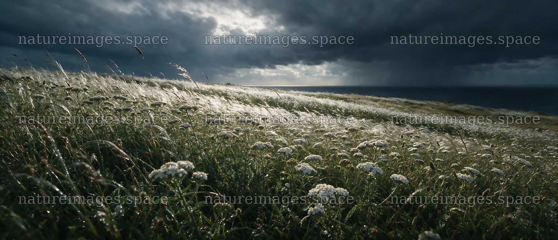 Dewy meadow with flowers under dark clouds over the ocean – nature images 12094x5210
