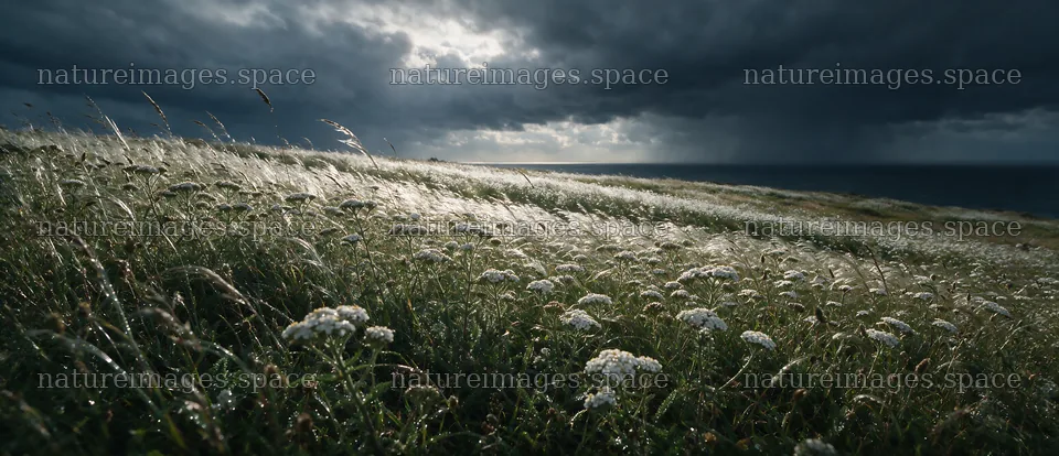 Dewy meadow with flowers under dark clouds over the ocean – nature images 12094x5210