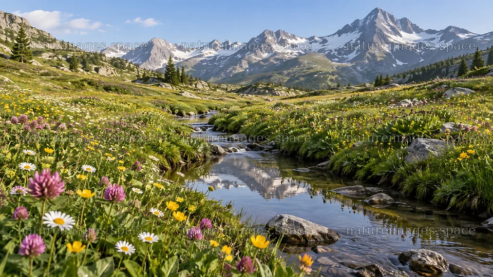 Wildflower Meadow and Stream Below Snowy Peaks – nature images 10324x5812