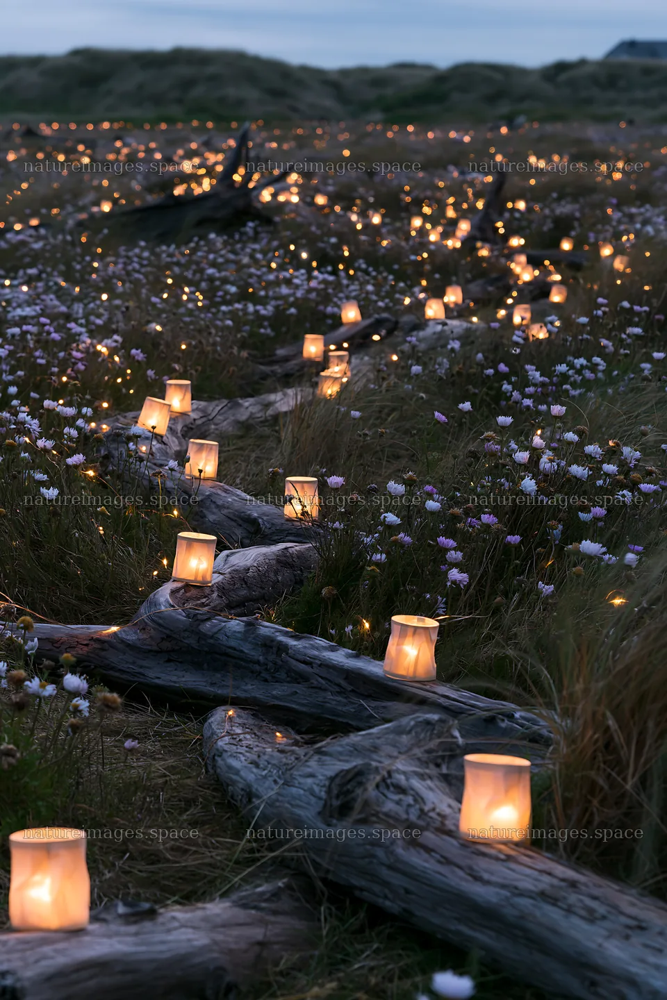 Expansive Christmas meadow with lights and driftwood at dusk – nature images 6480x9722