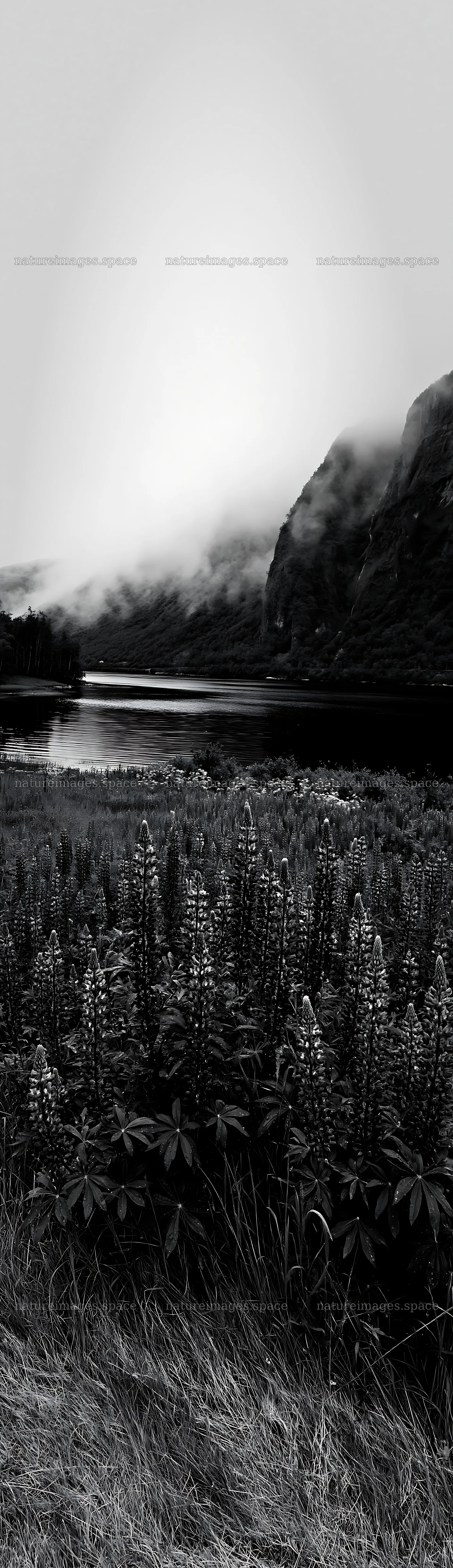 Lupin meadow foreground with copy space by the lake – nature images 4268x14762