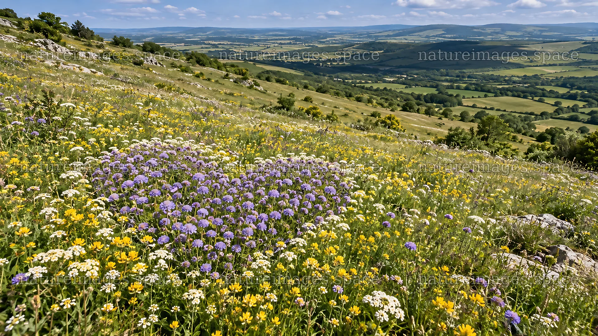 Wildflower Meadow on a Sunlit Hillside – nature images 10324x5812