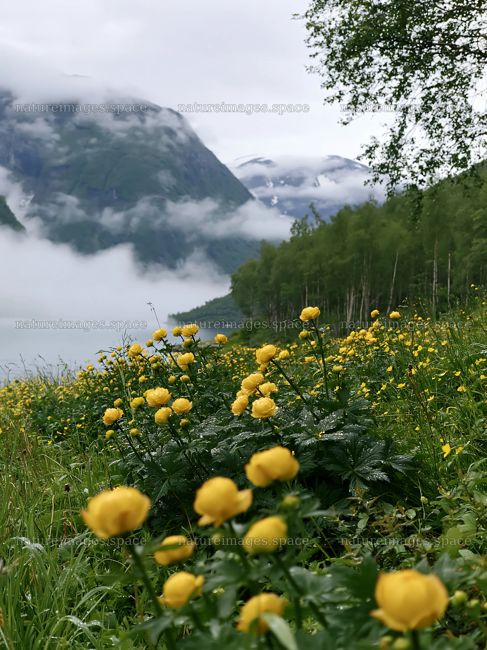 Fjord meadow with yellow flowers and mountains in the background – nature images 6866x9174