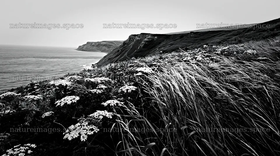 Cow parsley meadow near the coastline at dusk – nature images 10608x5938