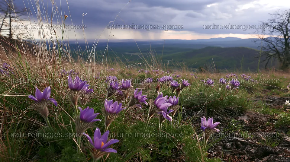 Cloudy pasque flower meadow on limestone slope – nature images 10608x5938